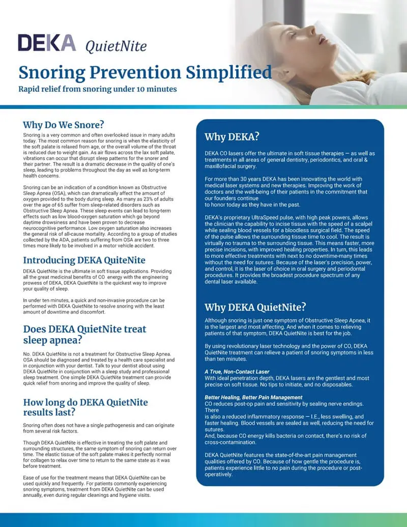 DEKA QuietNite snore-prevention treatment overview
